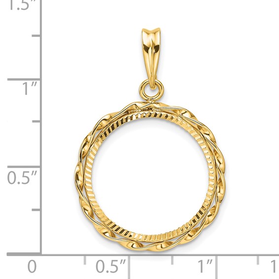 Wideband Distinguished Coin Jewelry 14k Polished Hand Twisted Ribbon and Diamond-cut 18.0mm Prong Coin Bezel Pendant