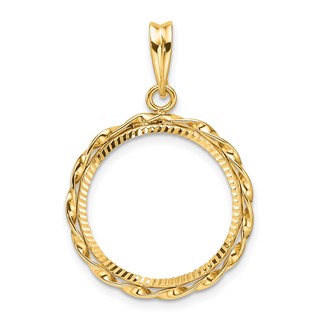 Wideband Distinguished Coin Jewelry 14k Polished Hand Twisted Ribbon and Diamond-cut 18.0mm Prong Coin Bezel Pendant