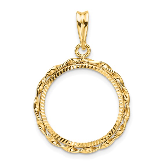 Wideband Distinguished Coin Jewelry 14k Polished Hand Twisted Ribbon and Diamond-cut 18.0mm Prong Coin Bezel Pendant