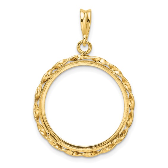 Wideband Distinguished Coin Jewelry 14k Polished Hand Twisted Ribbon and Diamond-cut 20.0mm Prong Coin Bezel Pendant
