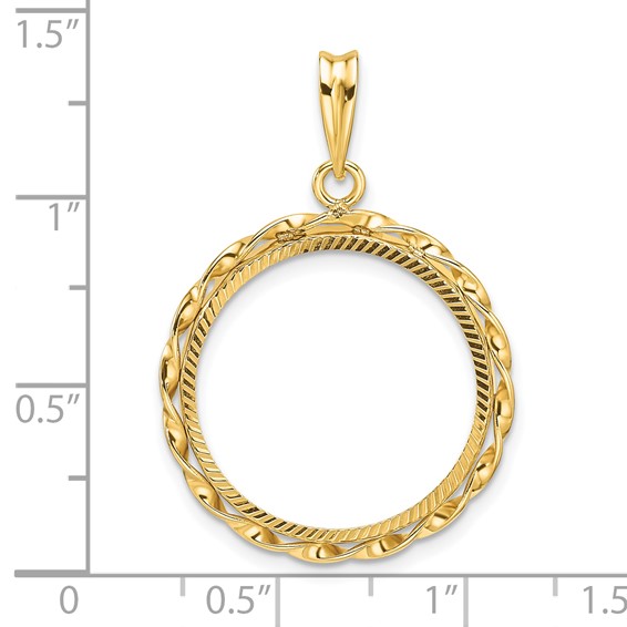 Wideband Distinguished Coin Jewelry 14k Polished Hand Twisted Ribbon and Diamond-cut 20.0mm Prong Coin Bezel Pendant
