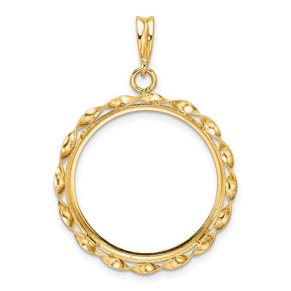 Wideband Distinguished Coin Jewelry 14k Polished Hand Twisted Ribbon and Diamond-cut 21.6mm Prong Coin Bezel Pendant