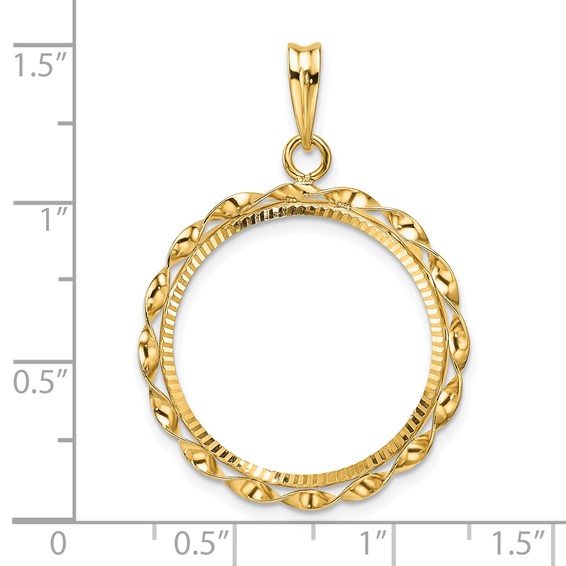 Wideband Distinguished Coin Jewelry 14k Polished Hand Twisted Ribbon and Diamond-cut 21.6mm Prong Coin Bezel Pendant