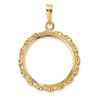 Wideband Distinguished Coin Jewelry 14k Polished Hand Twisted Ribbon and Diamond-cut 21.6mm Prong Coin Bezel Pendant