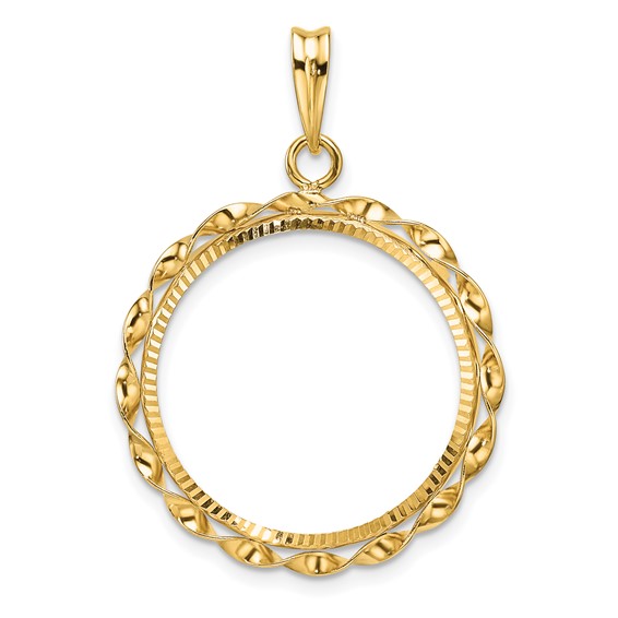 Wideband Distinguished Coin Jewelry 14k Polished Hand Twisted Ribbon and Diamond-cut 21.6mm Prong Coin Bezel Pendant