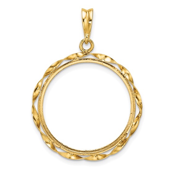 Wideband Distinguished Coin Jewelry 14k Polished Hand Twisted Ribbon and Diamond-cut 22.0mm Prong Coin Bezel Pendant