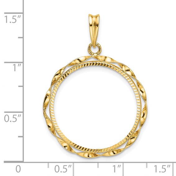 Wideband Distinguished Coin Jewelry 14k Polished Hand Twisted Ribbon and Diamond-cut 22.0mm Prong Coin Bezel Pendant