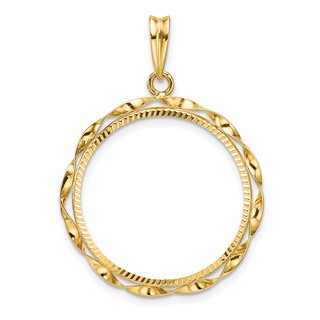 Wideband Distinguished Coin Jewelry 14k Polished Hand Twisted Ribbon and Diamond-cut 22.0mm Prong Coin Bezel Pendant