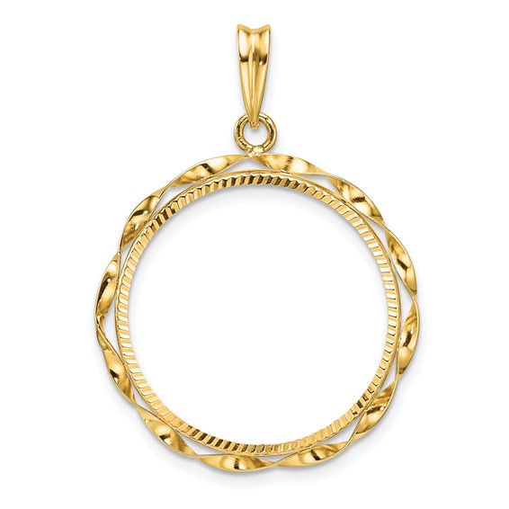 Wideband Distinguished Coin Jewelry 14k Polished Hand Twisted Ribbon and Diamond-cut 22.0mm Prong Coin Bezel Pendant