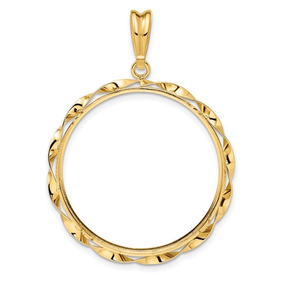 Wideband Distinguished Coin Jewelry 14k Polished Hand Twisted Ribbon and Diamond-cut 30.0mm Prong Coin Bezel Pendant
