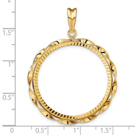 Wideband Distinguished Coin Jewelry 14k Polished Hand Twisted Ribbon and Diamond-cut 30.0mm Prong Coin Bezel Pendant