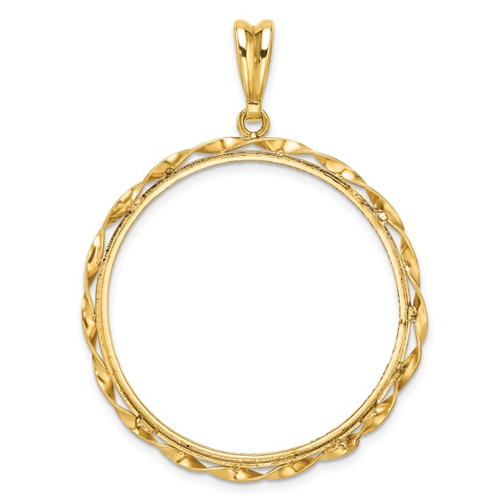 Wideband Distinguished Coin Jewelry 14k Polished Hand Twisted Ribbon and Diamond-cut 32.0mm Prong Coin Bezel Pendant