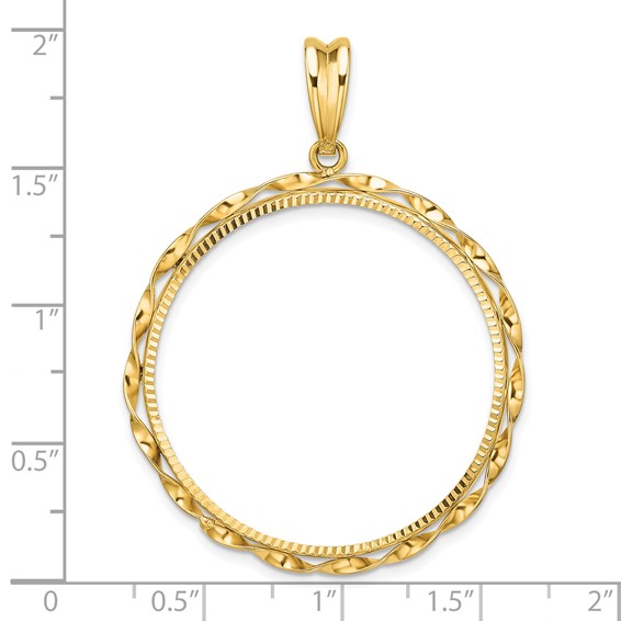 Wideband Distinguished Coin Jewelry 14k Polished Hand Twisted Ribbon and Diamond-cut 32.0mm Prong Coin Bezel Pendant