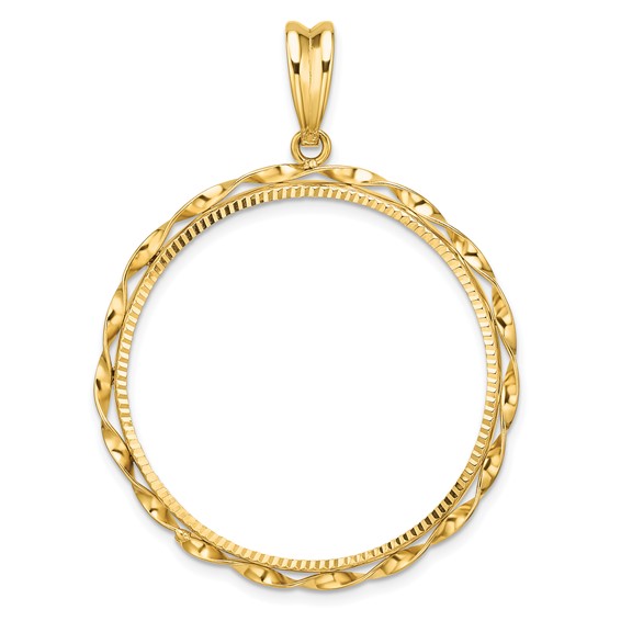 Wideband Distinguished Coin Jewelry 14k Polished Hand Twisted Ribbon and Diamond-cut 32.0mm Prong Coin Bezel Pendant