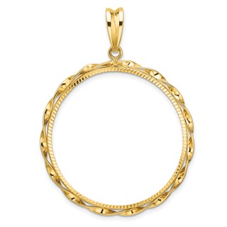 Wideband Distinguished Coin Jewelry 14k Polished Hand Twisted Ribbon and Diamond-cut 32.7mm Prong Coin Bezel Pendant