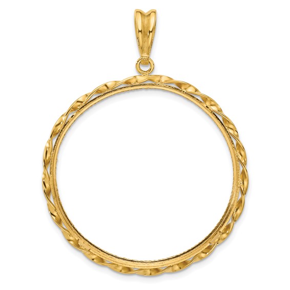 Wideband Distinguished Coin Jewelry 14k Polished Hand Twisted Ribbon and Diamond-cut 34.2mm Prong Coin Bezel Pendant