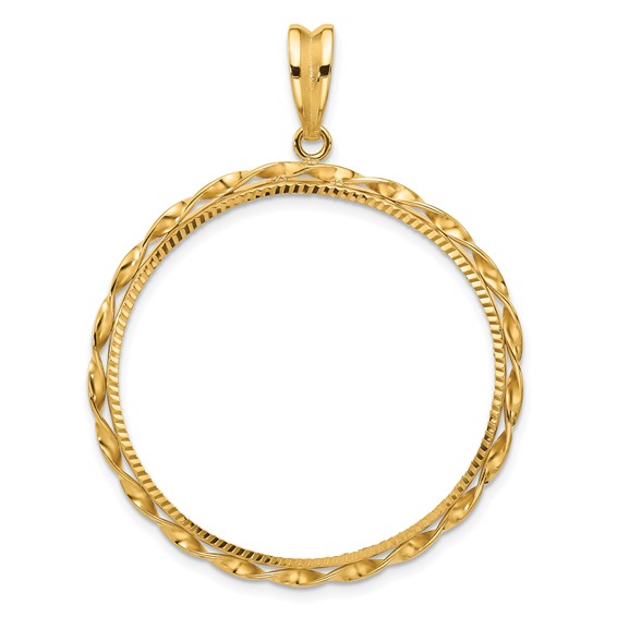 Wideband Distinguished Coin Jewelry 14k Polished Hand Twisted Ribbon and Diamond-cut 34.2mm Prong Coin Bezel Pendant