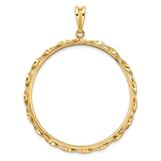 Wideband Distinguished Coin Jewelry 14k Polished Hand Twisted Ribbon and Diamond-cut 39.5mm Prong Coin Bezel Pendant