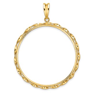 Wideband Distinguished Coin Jewelry 14k Polished Hand Twisted Ribbon and Diamond-cut 39.5mm Prong Coin Bezel Pendant