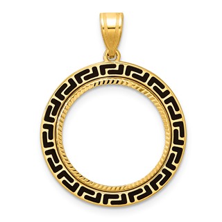 14k Diamond Cut and Black Enamel Greek Key with 18.0mm Prong Coin Bezel Pen