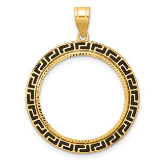 14k Diamond Cut and Black Enamel Greek Key with 22.0mm Prong Coin Bezel Pen