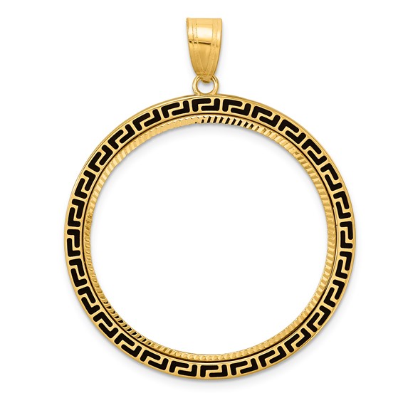 14k Diamond Cut and Black Enamel Greek Key with 32.0mm Prong Coin Bezel Pen