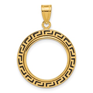 14k Polished and Black Enamel Greek Key with 16.5mm Prong Coin Bezel Pendan