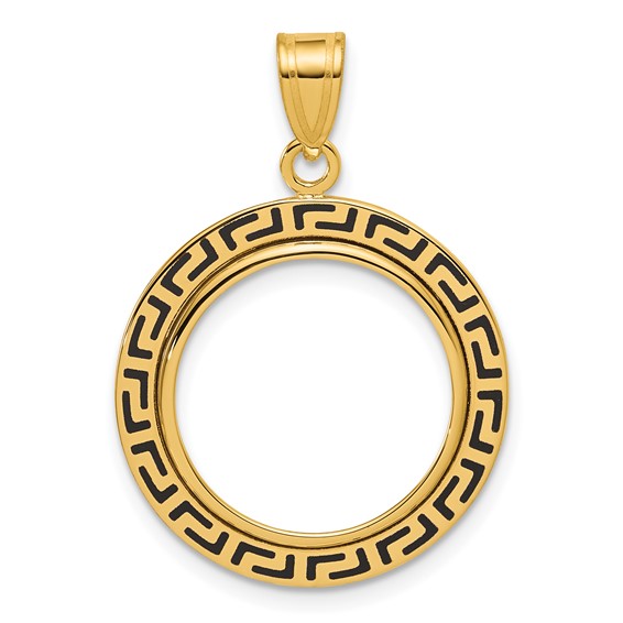 14k Polished and Black Enamel Greek Key with 16.5mm Prong Coin Bezel Pendan