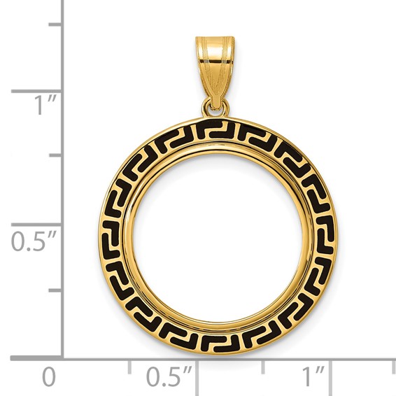 14k Polished and Black Enamel Greek Key with 18.0mm Prong Coin Bezel Pendan