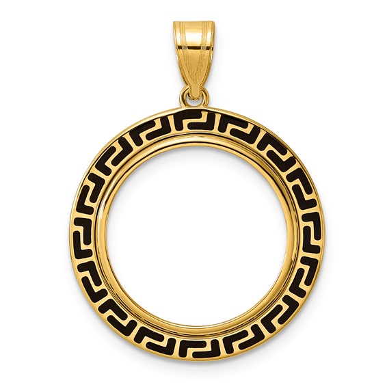 14k Polished and Black Enamel Greek Key with 18.0mm Prong Coin Bezel Pendan