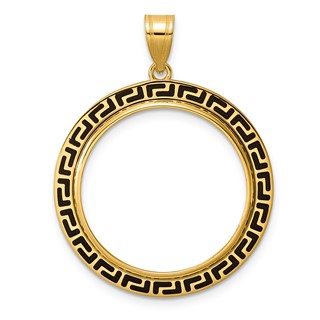 14k Polished and Black Enamel Greek Key with 22.0mm Prong Coin Bezel Pendan