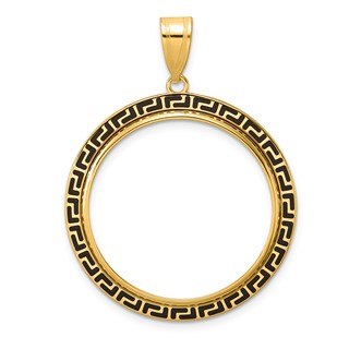 14k Polished and Black Enamel Greek Key with 27.0mm Prong Coin Bezel Pendan