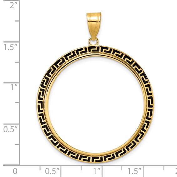 14k Polished and Black Enamel Greek Key with 32.0mm Prong Coin Bezel Pendan
