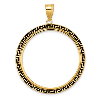 14k Polished and Black Enamel Greek Key with 32.0mm Prong Coin Bezel Pendan