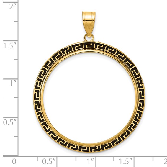 14k Polished and Black Enamel Greek Key with 32.7mm Prong Coin Bezel Pendan