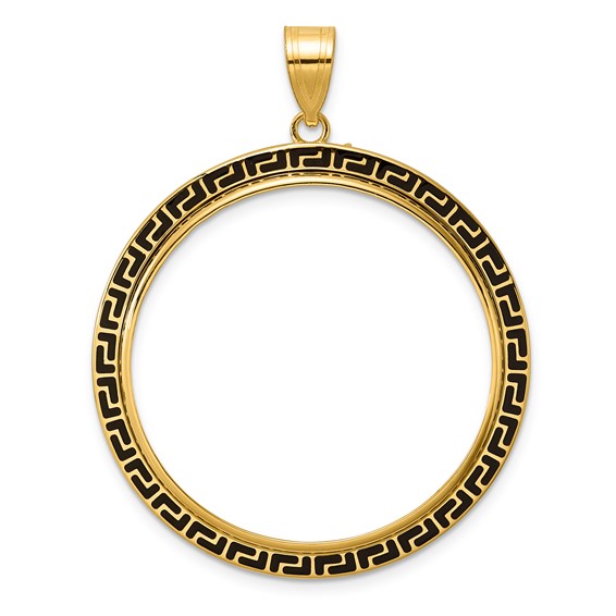 14k Polished and Black Enamel Greek Key with 32.7mm Prong Coin Bezel Pendan