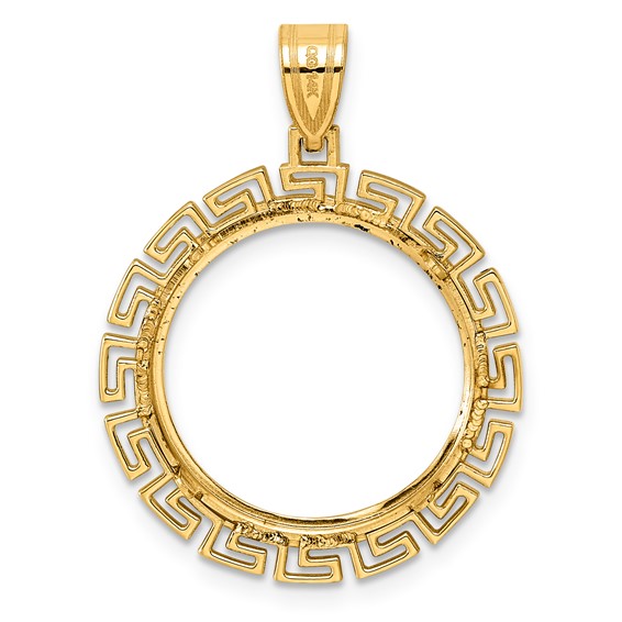 14k Diamond Cut Greek Key with 18.0mm Prong Coin Bezel Pendant