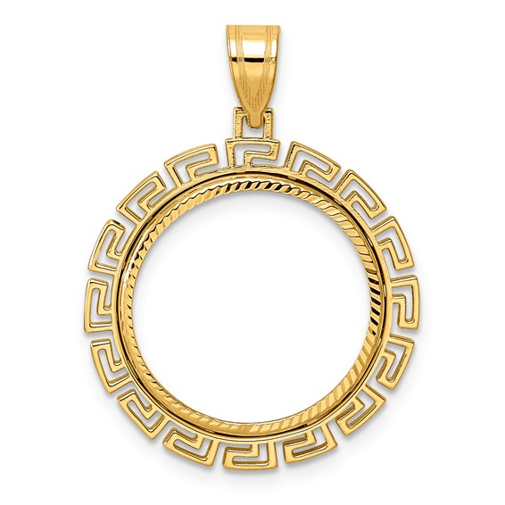 14k Diamond Cut Greek Key with 18.0mm Prong Coin Bezel Pendant