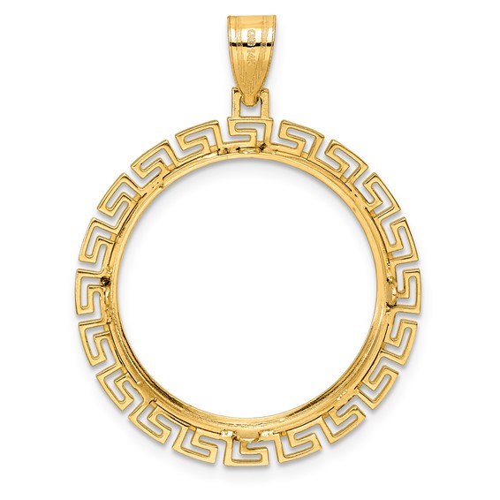 14k Polished Greek Key with 22.0mm Prong Coin Bezel Pendant
