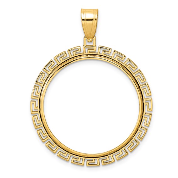14k Polished Greek Key with 27.0mm Prong Coin Bezel Pendant