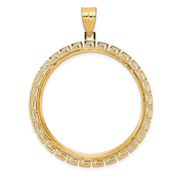 14k Polished Greek Key with 32.7mm Prong Coin Bezel Pendant