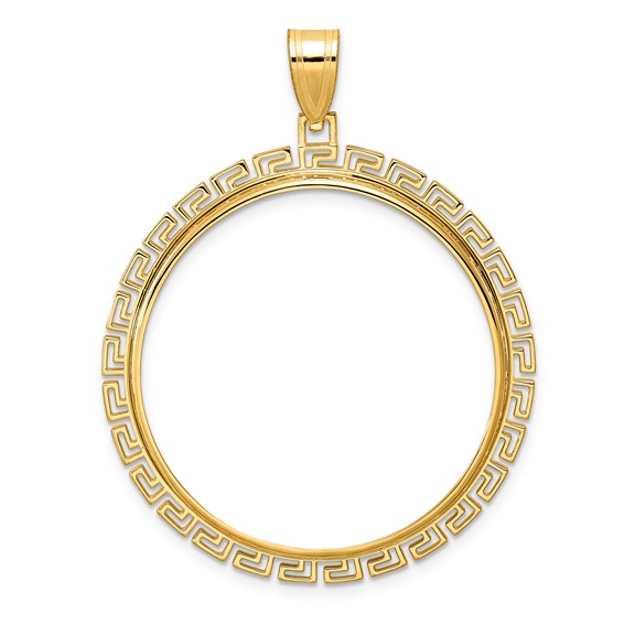 14k Polished Greek Key with 32.7mm Prong Coin Bezel Pendant