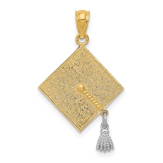 14k with White Rhodium 3-D Graduation Cap with Moveable Tassel Pendant