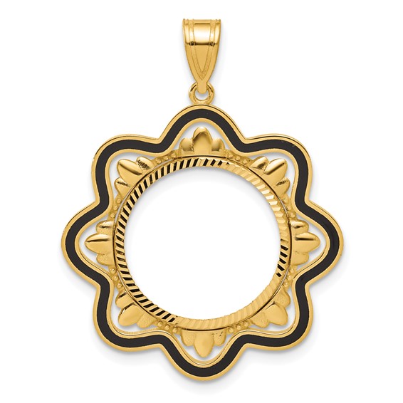 14k Diamond Cut Black Epoxy Wave with 16.5mm Prong Coin Bezel Pendant