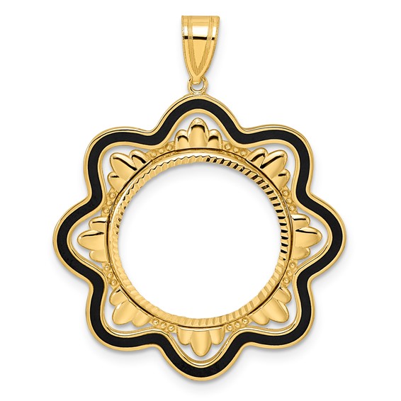 14k Diamond Cut Black Epoxy Wave with 18.0mm Prong Coin Bezel Pendant