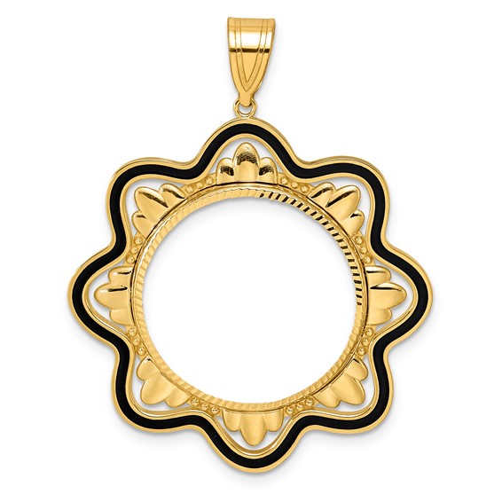 14k Diamond Cut Black Epoxy Wave with 22.0mm Prong Coin Bezel Pendant