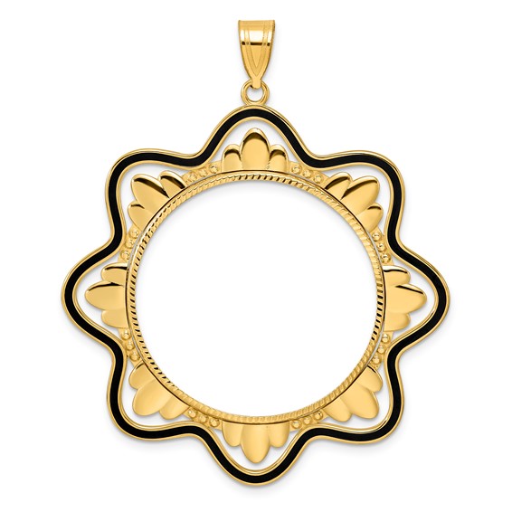 14k Diamond Cut Black Epoxy Wave with 32.0mm Prong Coin Bezel Pendant