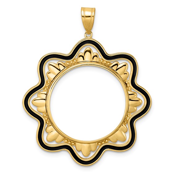 14k Polished Black Epoxy Wave with 22.0mm Prong Coin Bezel Pendant