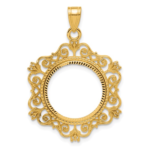 14k Diamond Cut Victorian with 16.5mm Prong Coin Bezel Pendant