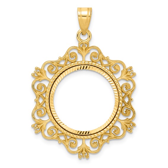 14k Diamond Cut Victorian with 18.0mm Prong Coin Bezel Pendant